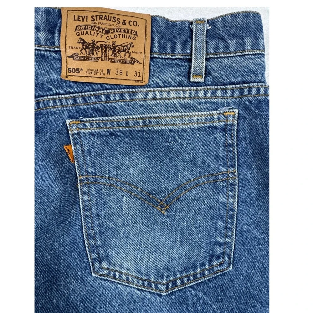 Vintage Levis 505 Orange Tab Jeans 90s Mens 36x27 USA Straight Leg Medium Wash